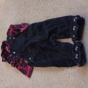 Gymboree Red & Black Plaid Corduroy Fire Truck Overalls Set Size 6-12 Month